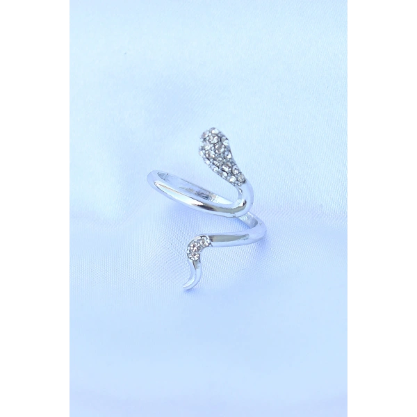 Pirinç Gümüş Renk Ayarlanabilir Zirkon Taşlı Yılan Yüzük