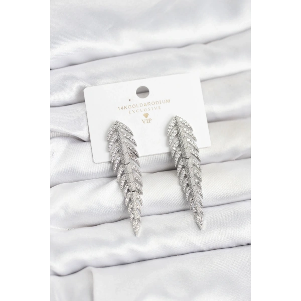 Pirinç Gümüş Renk Balık Sırtı Model Zirkon Taşlı Kadın Küpe