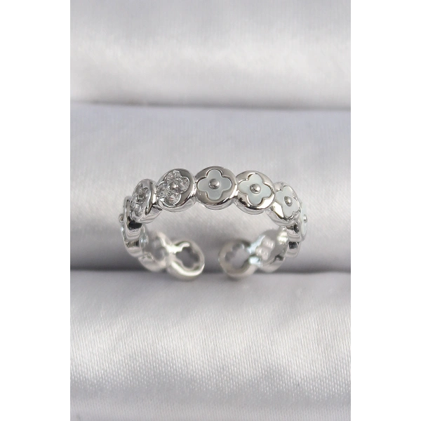 Pirinç Gümüş Renk Beyaz Sedefli Yonca Model Kadın Yüzük