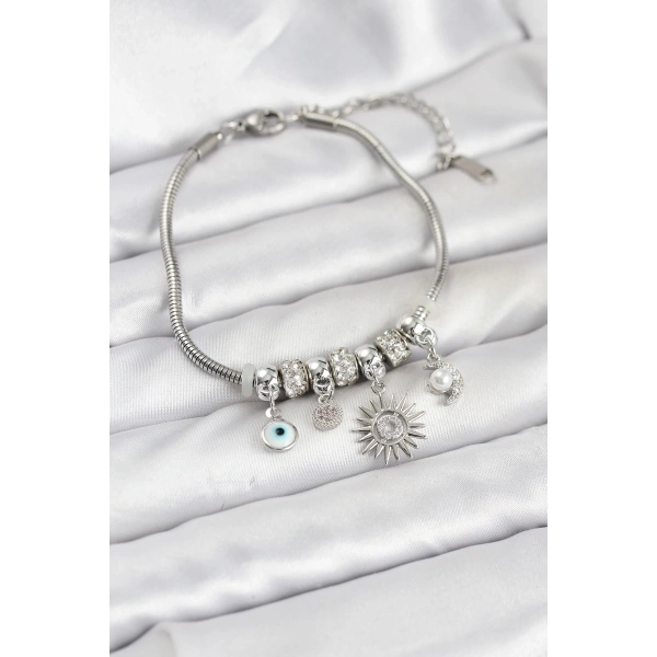 Pirinç Gümüş Renk Güneş Charmlı Kadın Bileklik