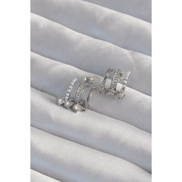 Pirinç Gümüş Renk İncili Çoklu Zirkon Taşlı Yarım Halka Küpe