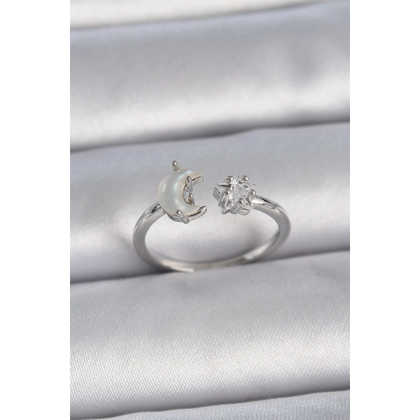 Pirinç Gümüş Renk İncili Hilal Zirkon Taşlı Yıldız Ayarlanabilir Kadın Yüzük