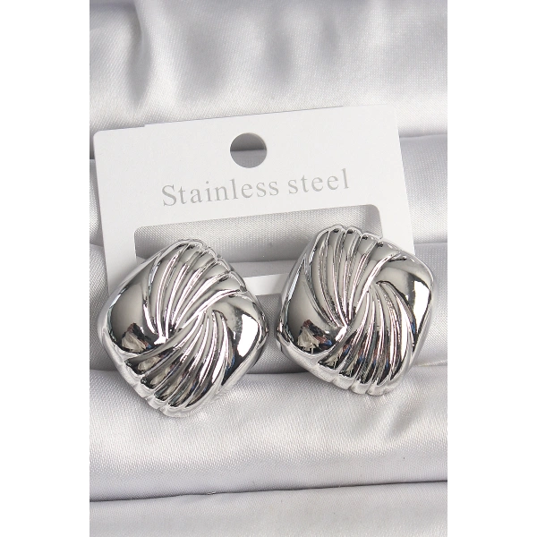 Pirinç Gümüş Renk İşlemeli Kare Model Kadın Küpe