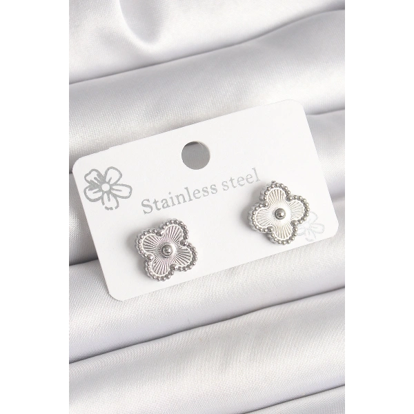 Pirinç Gümüş Renk İşlemeli Yonca Model Kadın Küpe