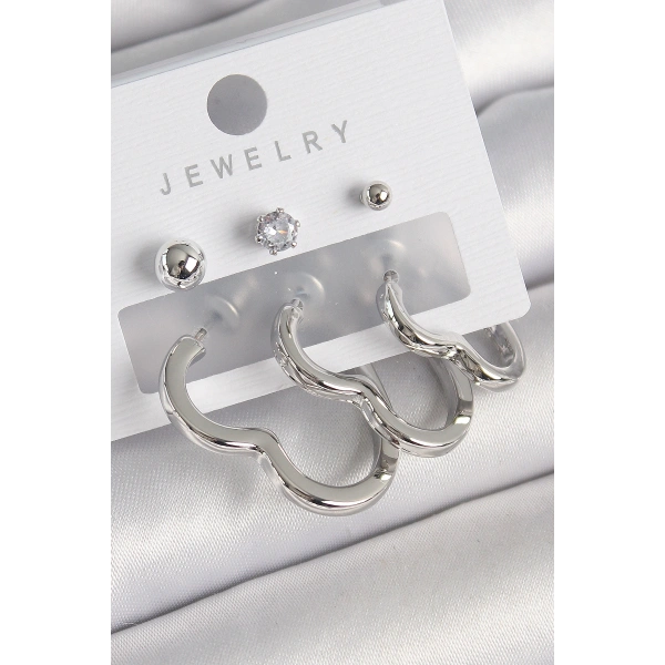 Pirinç Gümüş Renk Kalp Model Zirkon Taş Topçuk Detay Kadın Küpe Seti