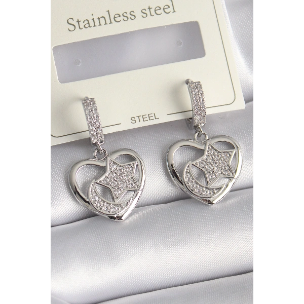 Pirinç Gümüş Renk Kalp Model Zirkon Taşlı Ay Yıldız İşlemeli Kadın Küpe