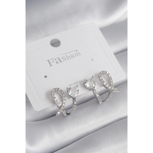 Pirinç Gümüş Renk Kalp Model Zirkon Taşlı Kadın Küpe