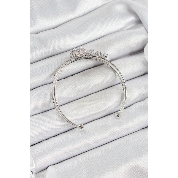 Pirinç Gümüş Renk Kalpli Zirkon Taşlı Kadın Bileklik