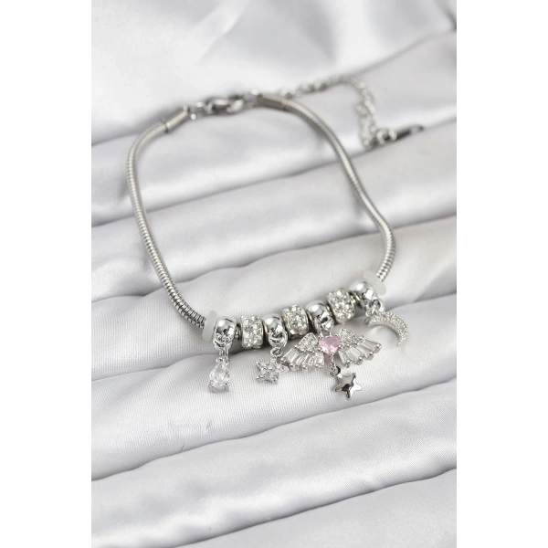 Pirinç Gümüş Renk Kanatlı Charmlı Kadın Bileklik