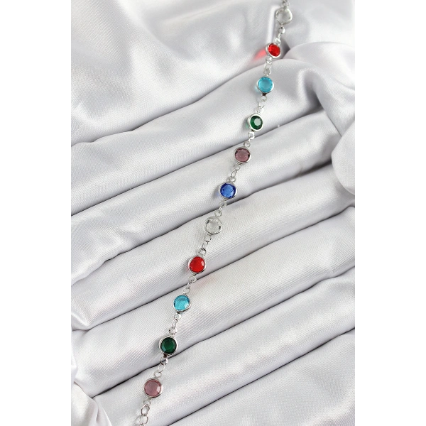 Pirinç Gümüş Renk Karışık Renk Zirkon Taşlı Kadın Bileklik