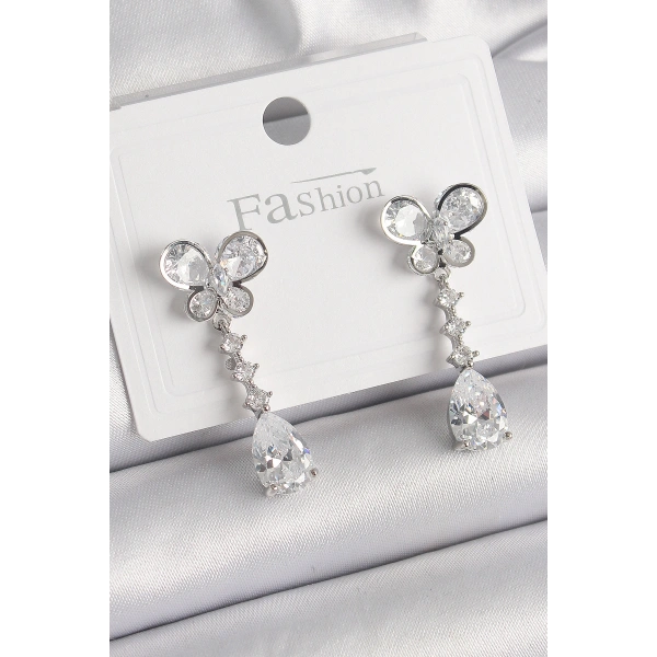 Pirinç Gümüş Renk Kelebek Model Sallantı Damla Zirkon Taşlı Kadın Küpe