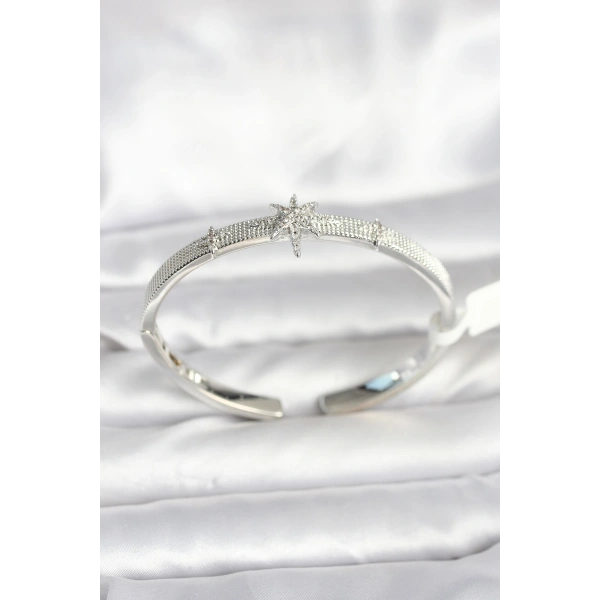 Pirinç Gümüş Renk Kutup Yıldızı Model Kadın Kelepçe Bileklik