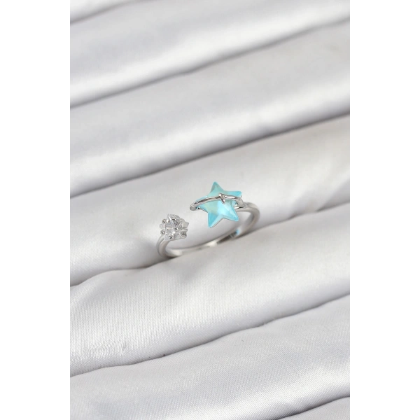 Pirinç Gümüş Renk Mavi Yıldızlı Model Kadın Yüzük