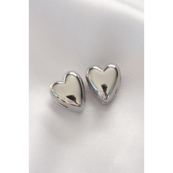 Pirinç Gümüş Renk Minimal Bombeli Kalp Küpe