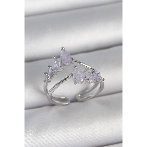 Pirinç Gümüş Renk Mor Damla Zirkon Taşlı Taç Model Kadın Yüzük