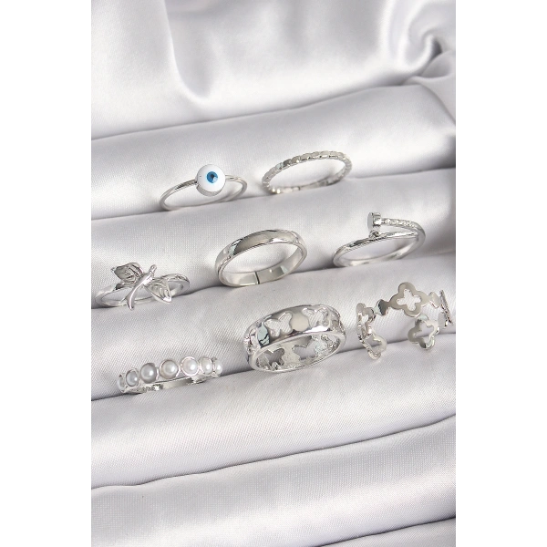 Pirinç Gümüş Renk Nazar Boncuk Detay İncili Kelebek İşlemeli Kadın Yüzük Kombini