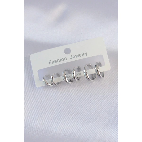 Pirinç Gümüş Renk Oval Bombeli Küpe Seti