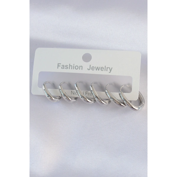 Pirinç Gümüş Renk Oval Küpe Seti