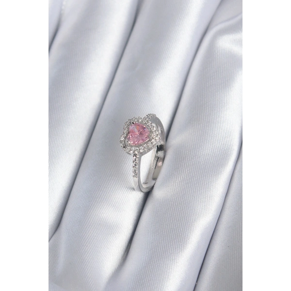 Pirinç Gümüş Renk Pembe Zirkon Taş Kalp Charm Model Kadın Yüzük