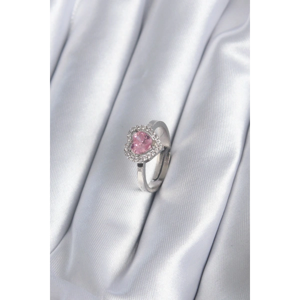 Pirinç Gümüş Renk Pembe Zirkon Taşlı Charm Model Kadın Yüzük