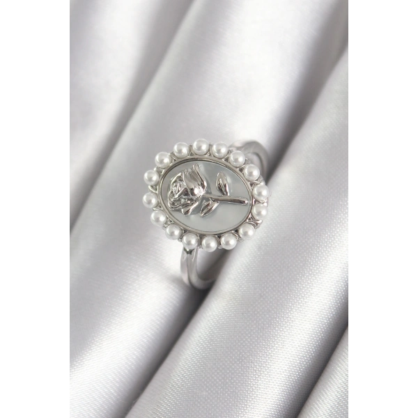 Pirinç Gümüş Renk Portre Gül Model İnci Detay Kadın Yüzük