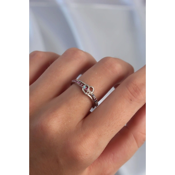 Pirinç Gümüş Renk Renkli Zirkon Taşlı Ayarlamalı Yüzük