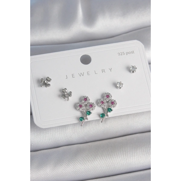 Pirinç Gümüş Renk Renkli Zirkon Taşlı Çiçek Model Yaprak Detay 925 Ayar Gümüş Çivi Kadın Küpe Seti