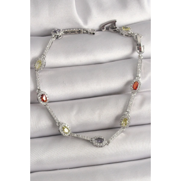 Pirinç Gümüş Renk Renkli Zirkon Taşlı Damla Taş Model Kadın Bileklik