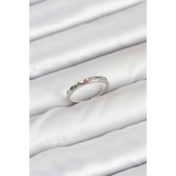 Pirinç Gümüş Renk Renkli Zirkon Taşlı Kadın Yüzük