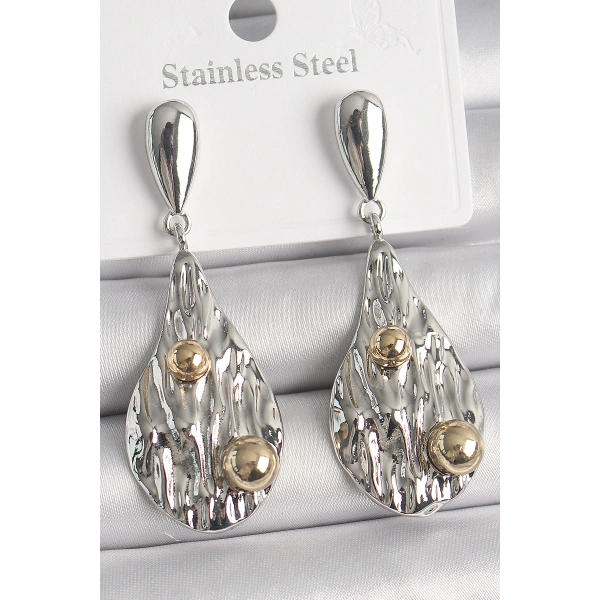 Pirinç Gümüş Renk Sallantı Damla Model Gold Topçuk Detay Kadın Küpe