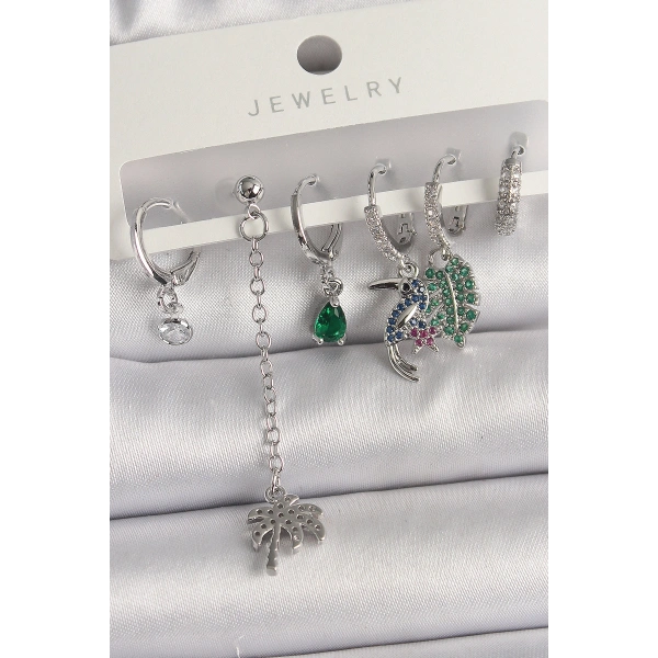 Pirinç Gümüş Renk Sallantı Zirkon Taşlı Ağaç Figür Çoklu Kadın Küpe Seti