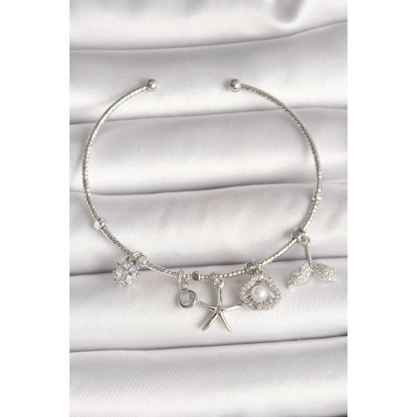 Pirinç Gümüş Renk Sallantı Zirkon Taşlı Deniz Yıldız Figür Balık Kuyruğu Detay Charm Kadın Bileklik