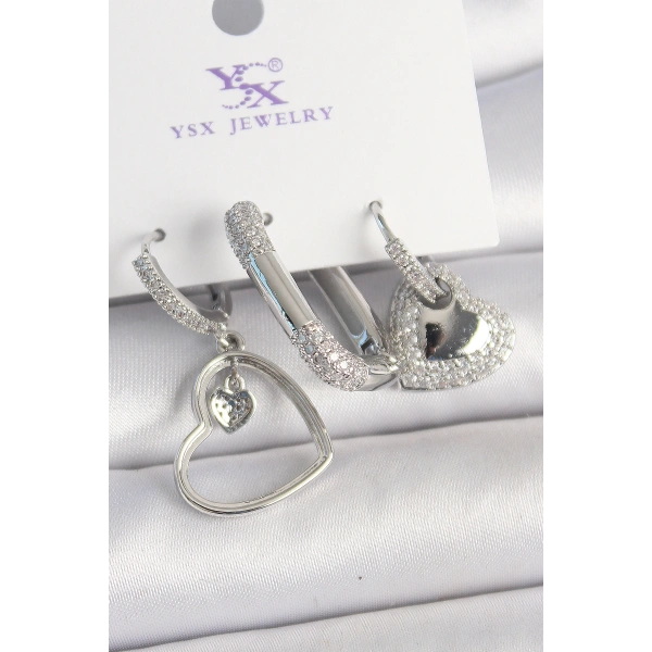 Pirinç Gümüş Renk Sallantı Zirkon Taşlı Kalp Model 3Lü Kadın Kombin Küpe