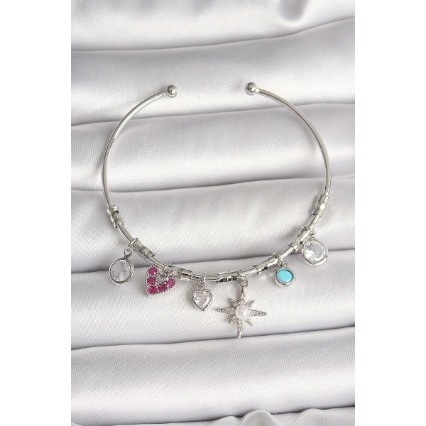 Pirinç Gümüş Renk Sallantı Zirkon Taşlı Kutup Yıldız Figür Kalp Detay Charm Kadın Bileklik