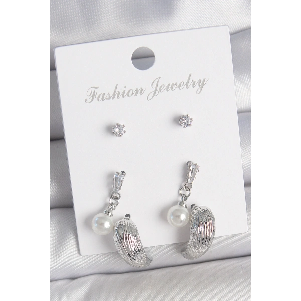 Pirinç Gümüş Renk Sallantılı Zirkon Taşlı Damla Model 3 Çift Kadın Küpe Seti