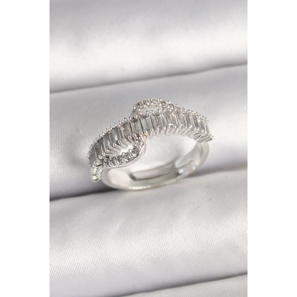 Pirinç Gümüş Renk Su Yolu Zirkon Taşlı Ayarlanabilir Model Kadın Yüzük