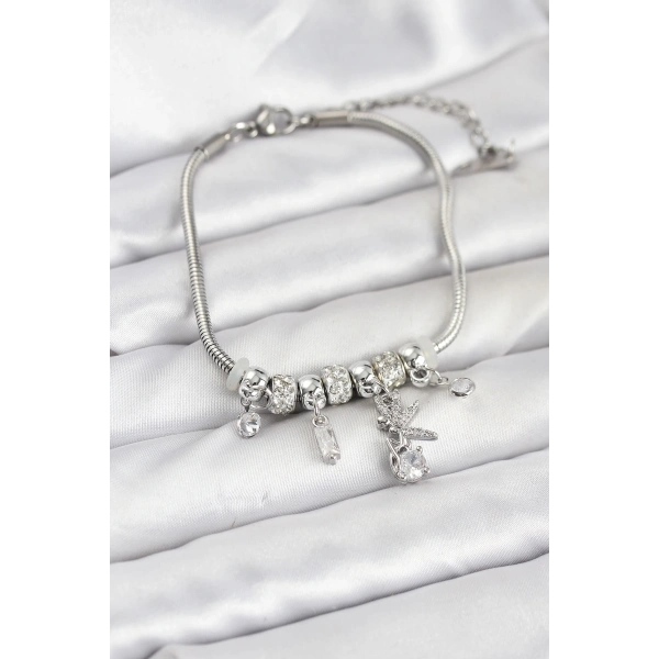 Pirinç Gümüş Renk Tinkerbell Charmlı Kadın Bileklik