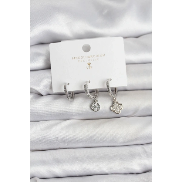 Pirinç Gümüş Renk Yonca Model 3lü Kadın Küpe Seti