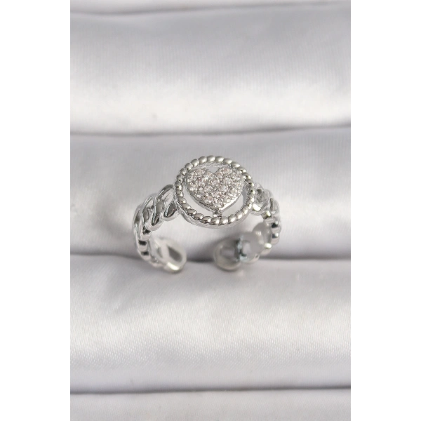 Pirinç Gümüş Renk Zincir Model Zirkon Taşlı Kalp Model Kadın Yüzük