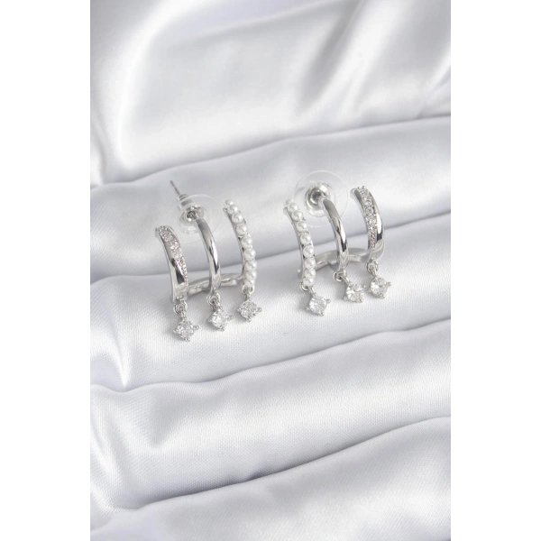 Pirinç Gümüş Renk Zirkon Taş Detay İncili Kadın Küpe