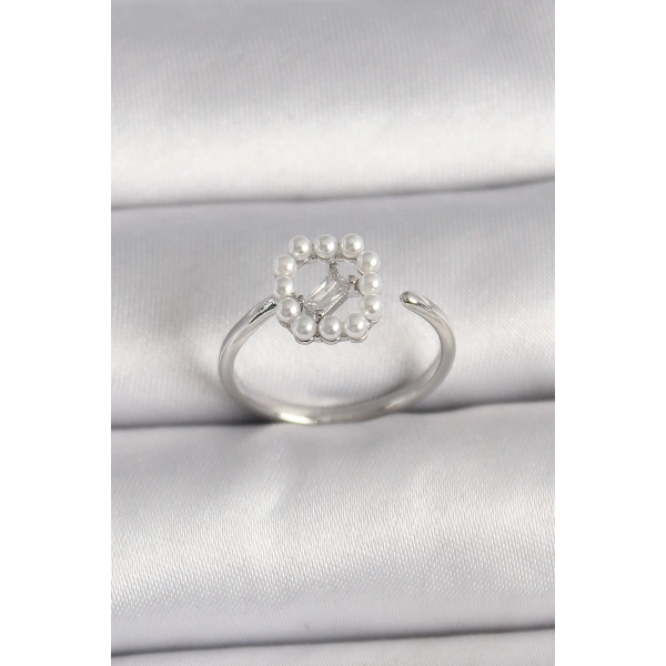 Pirinç Gümüş Renk Zirkon Taş Detaylı İncili Ayarlanabilir Yüzük