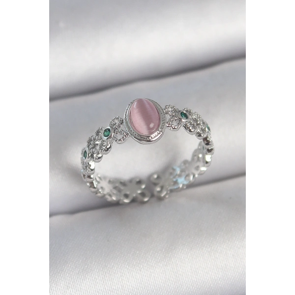 Pirinç Gümüş Renk Zirkon Taş Detaylı Pembe Mineli Damla Model Ayarlanabilir Kadın Yüzük