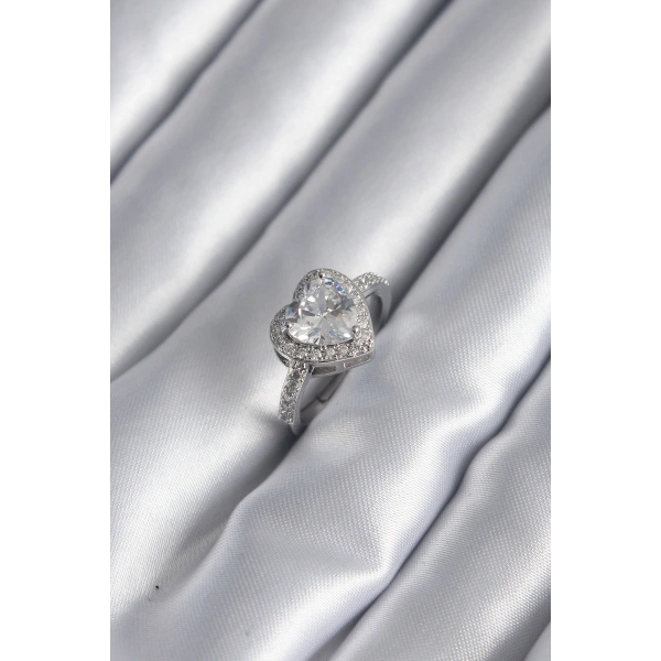 Pirinç Gümüş Renk Zirkon Taş Kalp Charm Model Kadın Yüzük