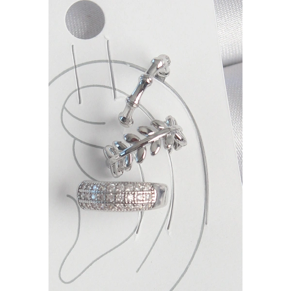 Pirinç Gümüş Renk Zirkon Taşlı 3Lü Model Yaprak Figür Kadın Kıkırdak Küpe