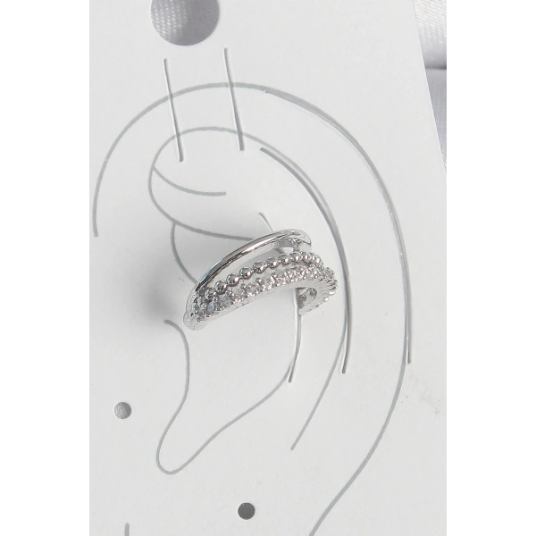 Pirinç Gümüş Renk Zirkon Taşlı 3Lü Sıralı Kadın Kıkırdak Küpe