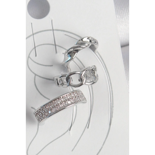 Pirinç Gümüş Renk Zirkon Taşlı 3Lü Zincir Sarmal Model Kadın Kıkırdak Küpe