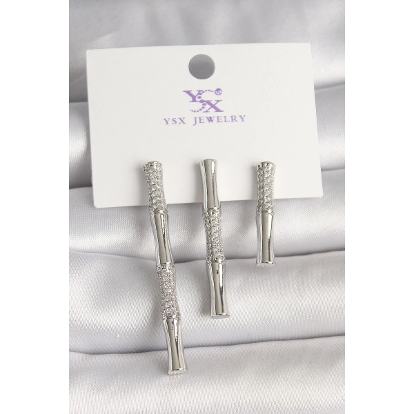 Pirinç Gümüş Renk Zirkon Taşlı Bambu Model 3Lü Kadın Kombin Küpe