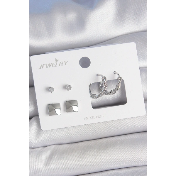 Pirinç Gümüş Renk Zirkon Taşlı Burgu Halka Model Kare Detay 3 Çift Kadın Küpe Seti