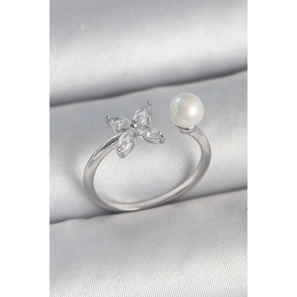 Pirinç Gümüş Renk Zirkon Taşlı Çiçek Model İnci Detay Ayarlanabilir Kadın Yüzük