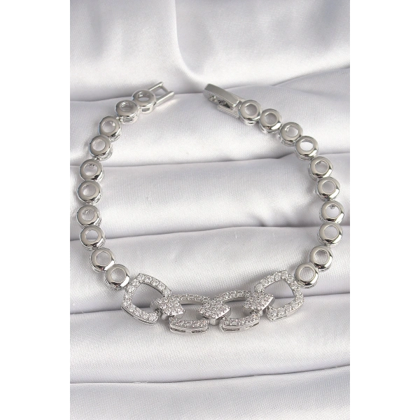 Pirinç Gümüş Renk Zirkon Taşlı Daire Zincir Model Kadın Bileklik